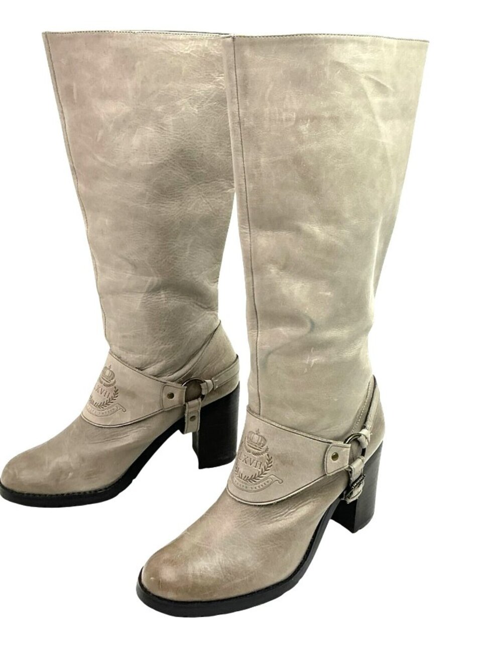 Lauren Ralph Lauren Delsa Leather Knee-High Harness Boots Womens 8B With Embosse